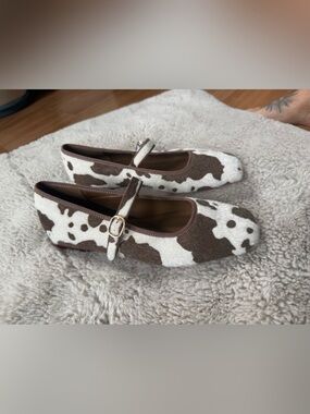 Cow Print Mary Jane Flats in Brown and White NWB